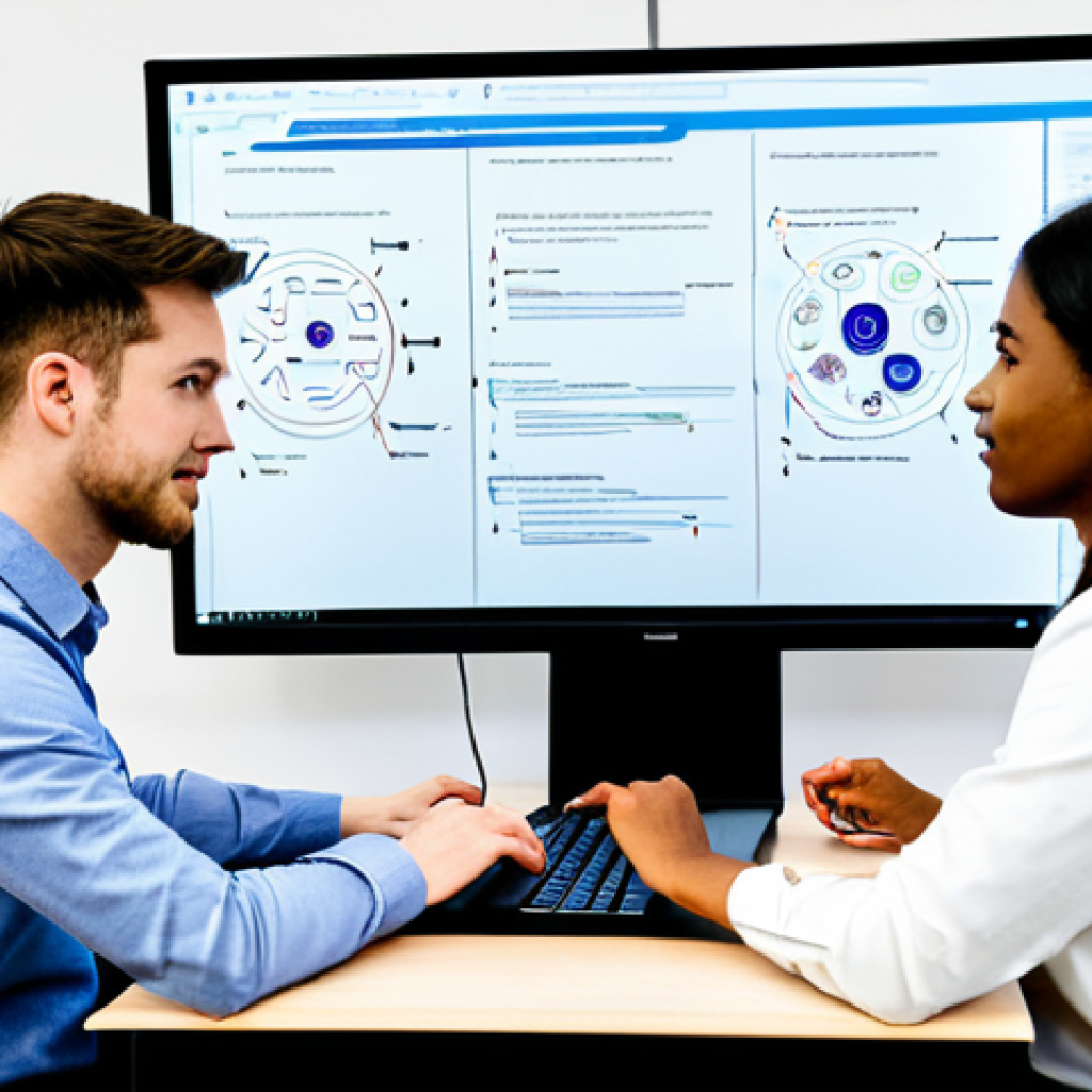 A diverse group of adult students, fully clothed in professional, modest attire, actively collaborating on coding projects in a modern, well-lit tech classroom. One student, with a focused expression, points to a line of code on a large monitor displaying complex code, while another uses a generative AI tool on their laptop, showing a prompt engineering interface. An empathetic female instructor, also fully clothed in professional dress, stands nearby, observing and offering gentle guidance, fostering a growth mindset and resilience. Whiteboards in the background display collaborative diagrams and problem-solving flows. The scene emphasizes teamwork, active learning, and the integration of AI tools in education. Natural pose, perfect anatomy, well-formed hands, proper finger count, correct proportions. Professional photography, high quality, vibrant colors, safe for work, appropriate content, family-friendly.