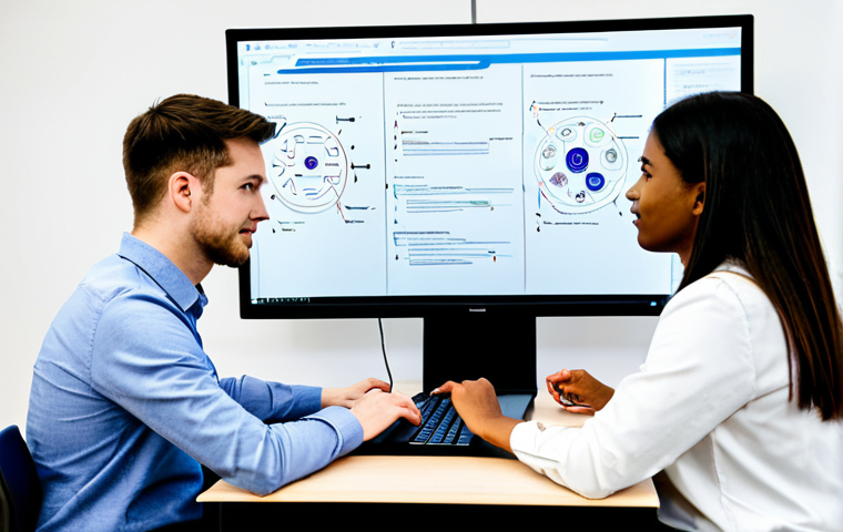 A diverse group of adult students, fully clothed in professional, modest attire, actively collaborating on coding projects in a modern, well-lit tech classroom. One student, with a focused expression, points to a line of code on a large monitor displaying complex code, while another uses a generative AI tool on their laptop, showing a prompt engineering interface. An empathetic female instructor, also fully clothed in professional dress, stands nearby, observing and offering gentle guidance, fostering a growth mindset and resilience. Whiteboards in the background display collaborative diagrams and problem-solving flows. The scene emphasizes teamwork, active learning, and the integration of AI tools in education. Natural pose, perfect anatomy, well-formed hands, proper finger count, correct proportions. Professional photography, high quality, vibrant colors, safe for work, appropriate content, family-friendly.