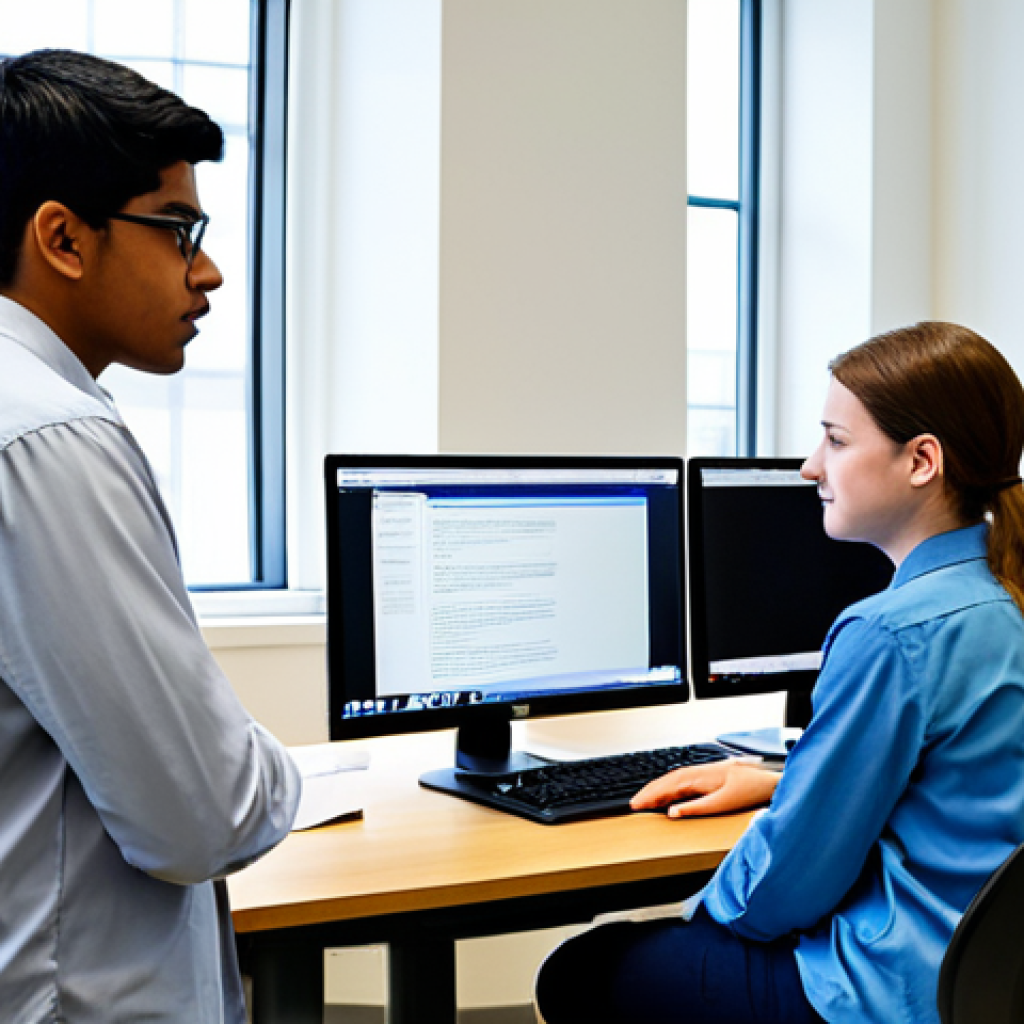 A diverse group of university students and a professional female instructor in a brightly lit, modern computer lab. The instructor, in modest professional attire, is gently guiding a male student at a computer, looking at code together. Other students are engaged in collaborative discussions and peer review at adjacent desks. The atmosphere is positive, focused, and encourages learning. The scene emphasizes personalized mentorship and a collaborative learning ecosystem. Fully clothed, appropriate attire, modest clothing, safe for work, appropriate content, professional, family-friendly, perfect anatomy, correct proportions, natural pose, well-formed hands, proper finger count, natural body proportions, professional photography, high resolution, detailed, studio lighting.