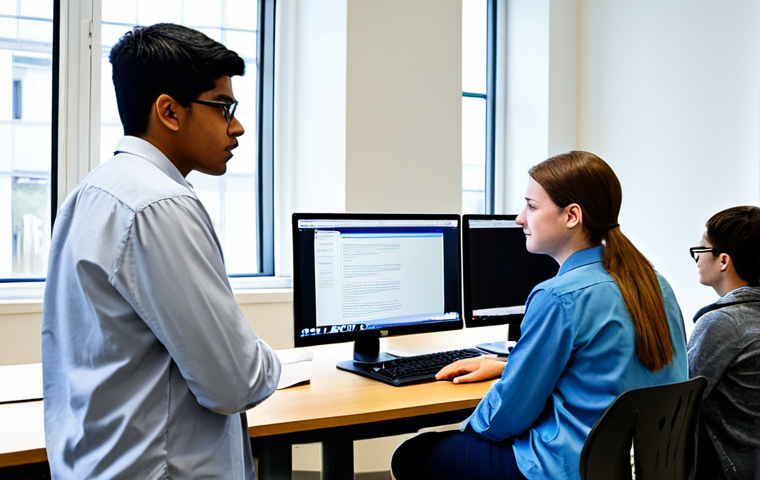 A diverse group of university students and a professional female instructor in a brightly lit, modern computer lab. The instructor, in modest professional attire, is gently guiding a male student at a computer, looking at code together. Other students are engaged in collaborative discussions and peer review at adjacent desks. The atmosphere is positive, focused, and encourages learning. The scene emphasizes personalized mentorship and a collaborative learning ecosystem. Fully clothed, appropriate attire, modest clothing, safe for work, appropriate content, professional, family-friendly, perfect anatomy, correct proportions, natural pose, well-formed hands, proper finger count, natural body proportions, professional photography, high resolution, detailed, studio lighting.