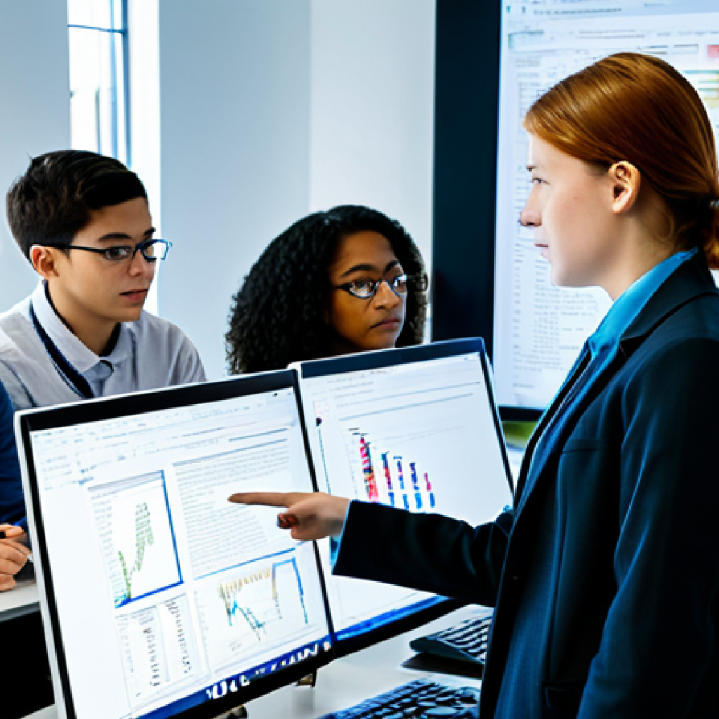 A professional female instructor, fully clothed in modest business attire, guides a diverse group of university students in a brightly lit, modern computer lab. Screens display intricate data visualizations, Python code snippets, and machine learning model outputs, illustrating the intersection of coding and big data. Students, also fully clothed in appropriate attire, engage collaboratively on laptops, with one student pointing at their screen, deep in discussion. The scene captures a collaborative, intellectually stimulating environment, emphasizing learning and discovery. Perfect anatomy, correct proportions, well-formed hands, natural body proportions, natural pose, professional photography, high quality, safe for work, appropriate content, family-friendly.