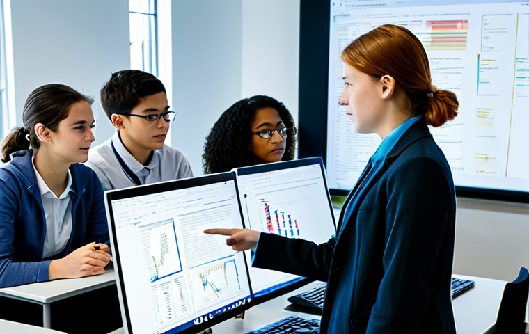 A professional female instructor, fully clothed in modest business attire, guides a diverse group of university students in a brightly lit, modern computer lab. Screens display intricate data visualizations, Python code snippets, and machine learning model outputs, illustrating the intersection of coding and big data. Students, also fully clothed in appropriate attire, engage collaboratively on laptops, with one student pointing at their screen, deep in discussion. The scene captures a collaborative, intellectually stimulating environment, emphasizing learning and discovery. Perfect anatomy, correct proportions, well-formed hands, natural body proportions, natural pose, professional photography, high quality, safe for work, appropriate content, family-friendly.
