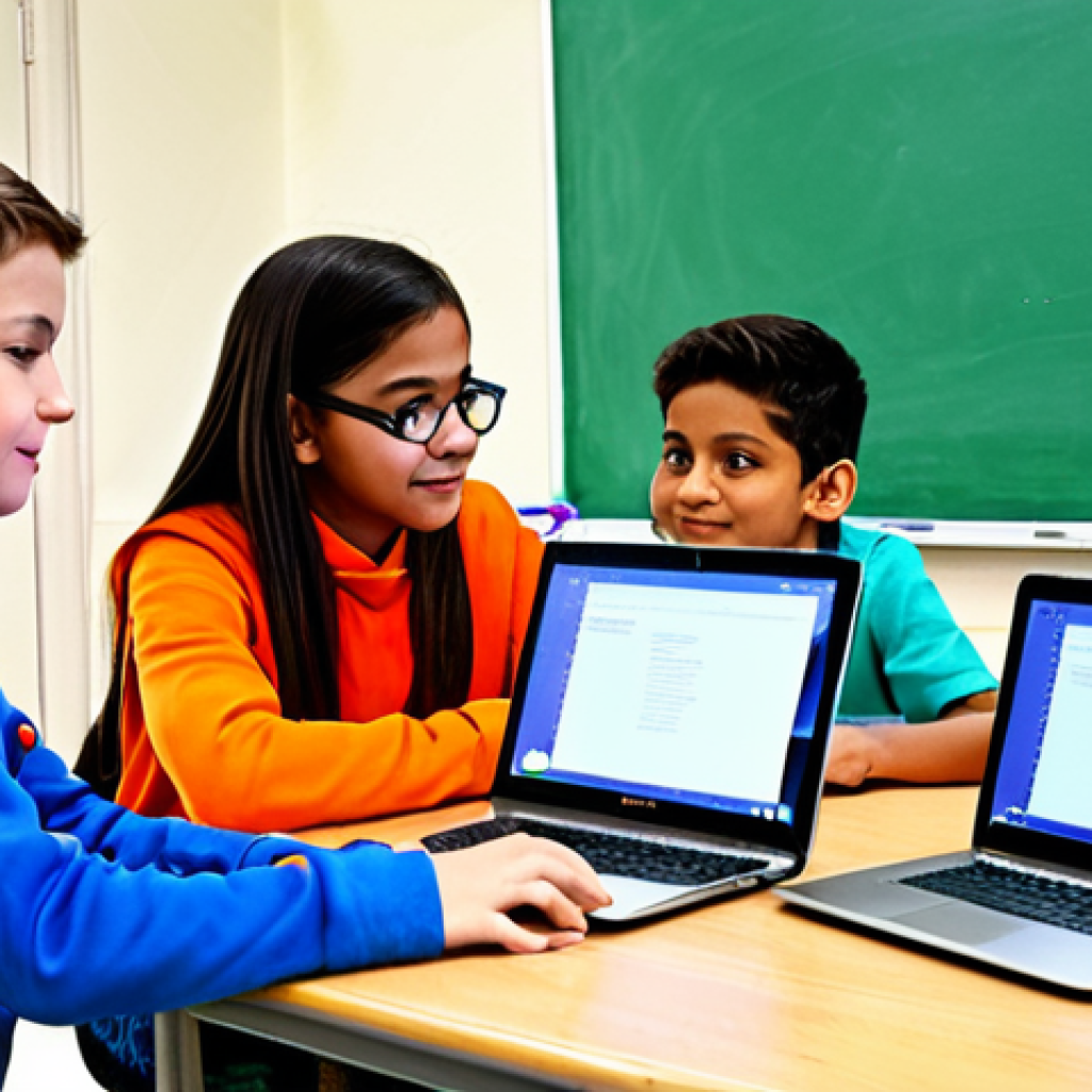 Coding Classroom in Action**

"A bright, vibrant classroom filled with fully clothed children working on laptops, coding. The teacher, also fully clothed and in appropriate attire, is assisting a student. Some students are collaborating in pairs. The scene includes colorful posters about coding concepts. Safe for work, appropriate content, professional atmosphere, perfect anatomy, correct proportions, well-formed hands, proper finger count, natural body proportions, modest clothing. High-quality digital art, family-friendly."

**
