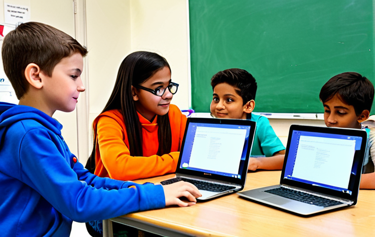 Coding Classroom in Action**

"A bright, vibrant classroom filled with fully clothed children working on laptops, coding. The teacher, also fully clothed and in appropriate attire, is assisting a student. Some students are collaborating in pairs. The scene includes colorful posters about coding concepts. Safe for work, appropriate content, professional atmosphere, perfect anatomy, correct proportions, well-formed hands, proper finger count, natural body proportions, modest clothing. High-quality digital art, family-friendly."

**
