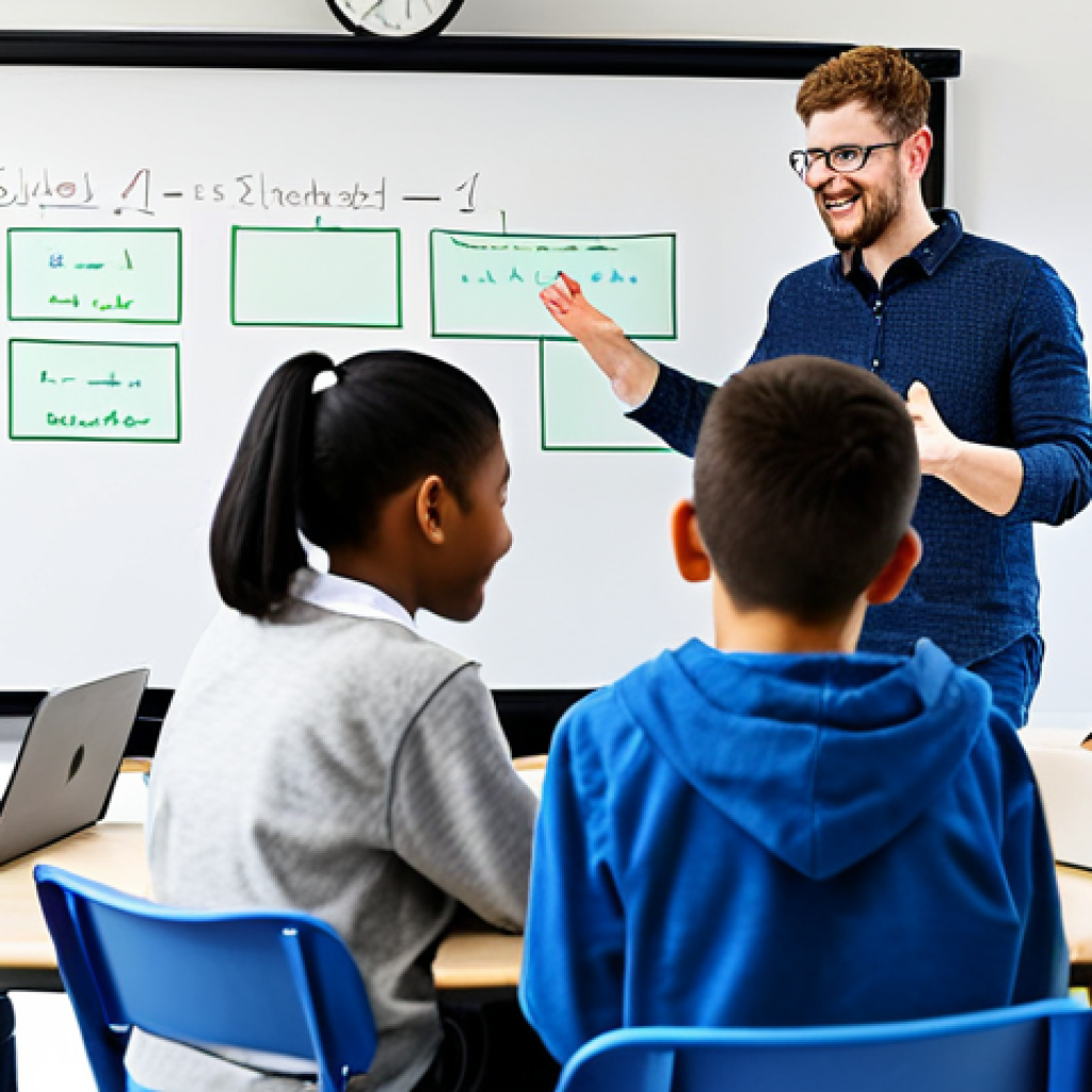 **

A brightly lit classroom with diverse students working collaboratively on laptops, fully clothed in casual attire. A teacher is providing guidance. The scene emphasizes teamwork and positive engagement. Whiteboard in the background displays code snippets. Safe for work, appropriate content, family-friendly, professional learning environment, perfect anatomy, natural proportions, well-formed hands, proper finger count.

**