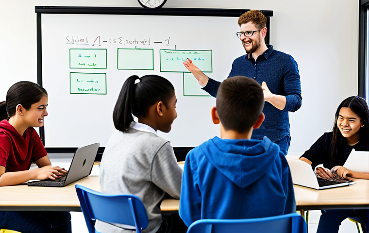 **

A brightly lit classroom with diverse students working collaboratively on laptops, fully clothed in casual attire. A teacher is providing guidance. The scene emphasizes teamwork and positive engagement. Whiteboard in the background displays code snippets. Safe for work, appropriate content, family-friendly, professional learning environment, perfect anatomy, natural proportions, well-formed hands, proper finger count.

**