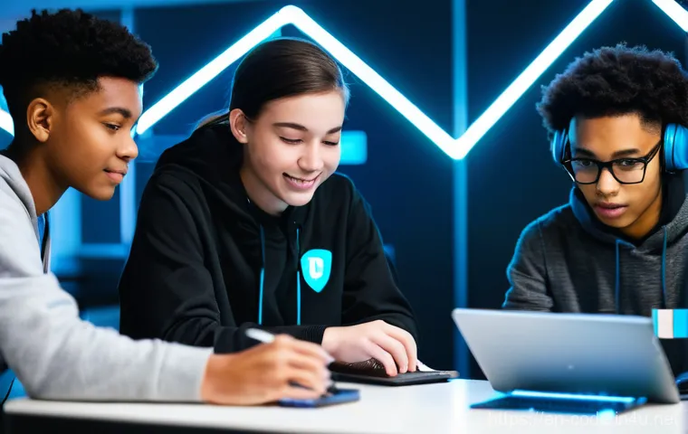 코딩교육지도사 연간 교육 계획 수립 방법 - **Project-Based Learning in a Modern Tech Lab:** A diverse group of five young adult students (ages ...