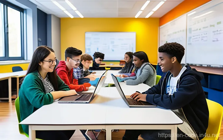 코딩교육지도사 업무의 최신 트렌드 - **Prompt:** A diverse group of young adult students (aged 18-24) in a bright, modern learning hub. T...