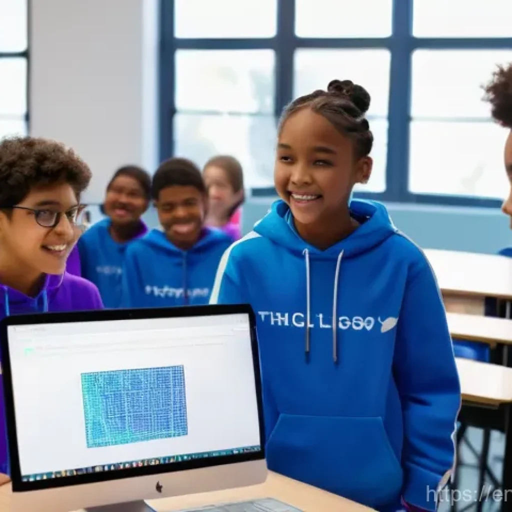 코딩교육지도사와 디지털 교육 자원 활용 - **Prompt:** A diverse group of enthusiastic students, aged 10-15, are gathered around interactive ho...