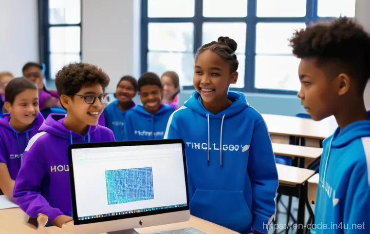 코딩교육지도사와 디지털 교육 자원 활용 - **Prompt:** A diverse group of enthusiastic students, aged 10-15, are gathered around interactive ho...