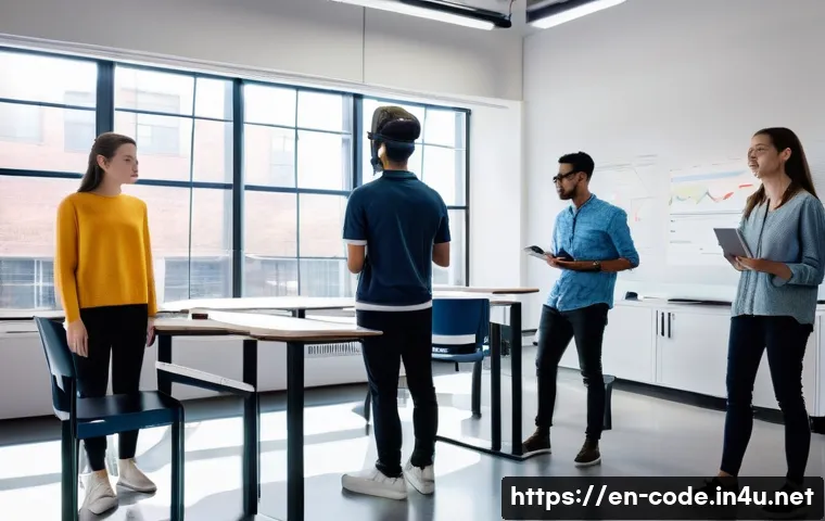 코딩교육지도사와 IT 기술 융합 교육 - **Prompt:** A vibrant, ultra-modern tech classroom bustling with energy. Diverse students, aged 15-1...