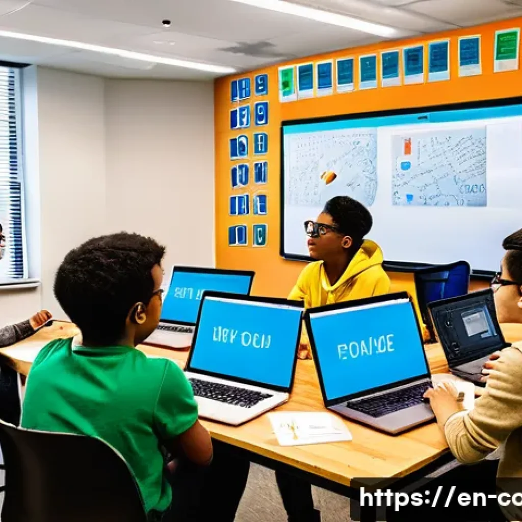 코딩교육지도사와 창의적 사고 기법 - A vibrant classroom scene featuring diverse students collaborating on coding projects using laptops ...
