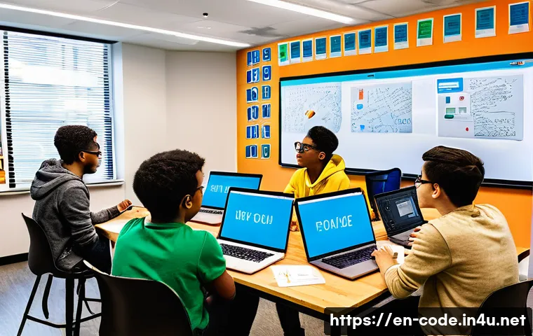 코딩교육지도사와 창의적 사고 기법 - A vibrant classroom scene featuring diverse students collaborating on coding projects using laptops ...