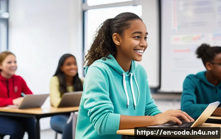 코딩교육지도사와 강의 중 사고 대처 방법 - A modern classroom setting with a diverse group of teenage students engaged in a coding lesson on la...