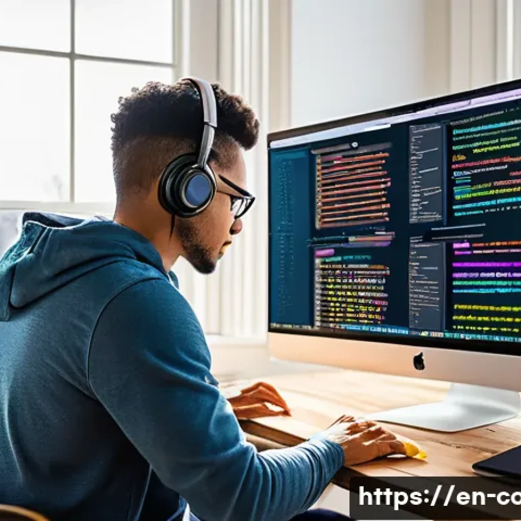 코딩교육지도사 자격증 취득 후기 - A focused young adult coding educator in casual modern attire, sitting at a bright, organized home o...