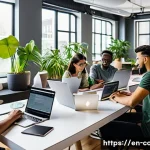 코딩교육지도사와 데이터 시각화 교육 - A diverse group of young adults collaborating around a large table filled with laptops, notebooks, a...