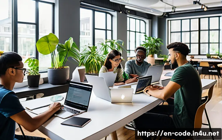 코딩교육지도사와 데이터 시각화 교육 - A diverse group of young adults collaborating around a large table filled with laptops, notebooks, a...