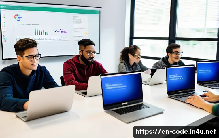 코딩교육지도사와 취업 정보 사이트 - A modern online coding class scene showing a diverse group of adult students attentively watching a ...