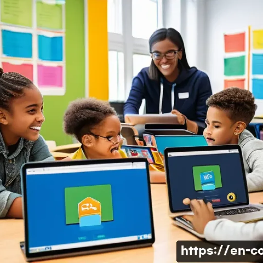 코딩교육지도사와 크리에이티브 코딩 - A vibrant classroom scene showing diverse students engaged in interactive programming projects on la...