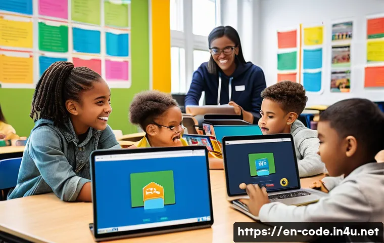 코딩교육지도사와 크리에이티브 코딩 - A vibrant classroom scene showing diverse students engaged in interactive programming projects on la...