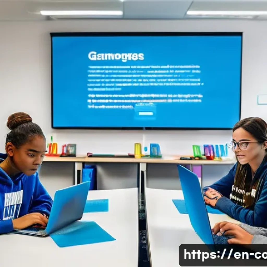 코딩교육지도사와 디지털 전환 시대의 교육 - A modern classroom scene showing diverse students engaged with interactive coding tools on laptops a...