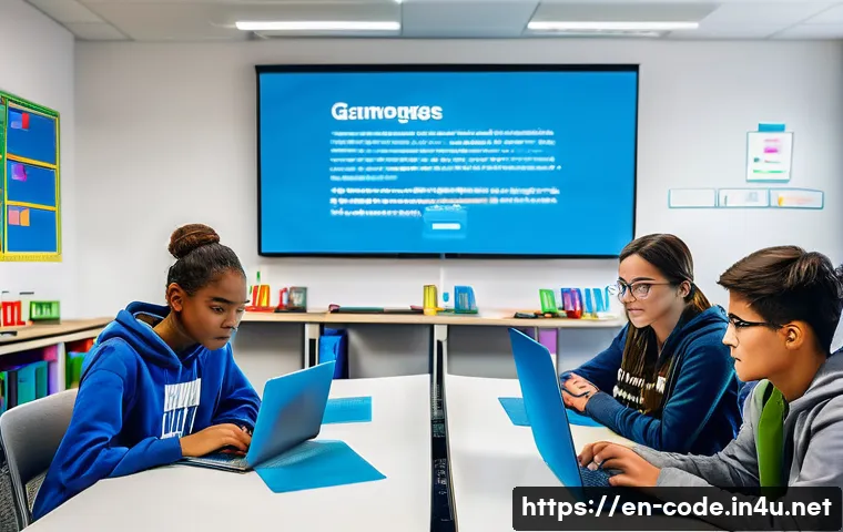 코딩교육지도사와 디지털 전환 시대의 교육 - A modern classroom scene showing diverse students engaged with interactive coding tools on laptops a...