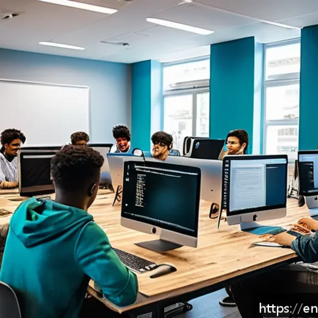코딩교육지도사로서 공교육과 사교육의 차이 - A vibrant public coding bootcamp classroom filled with diverse young adults collaborating enthusiast...