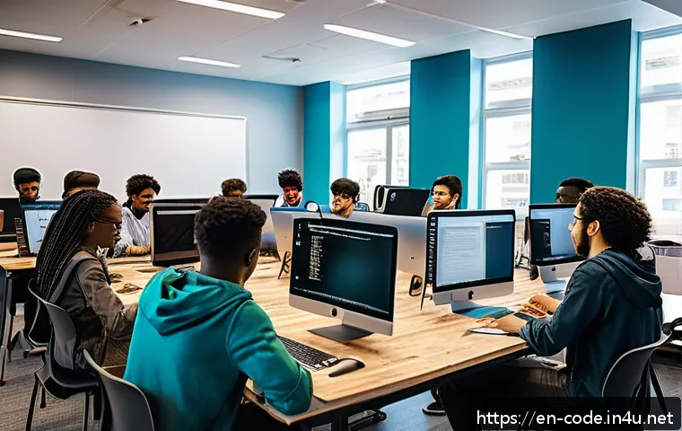 코딩교육지도사로서 공교육과 사교육의 차이 - A vibrant public coding bootcamp classroom filled with diverse young adults collaborating enthusiast...