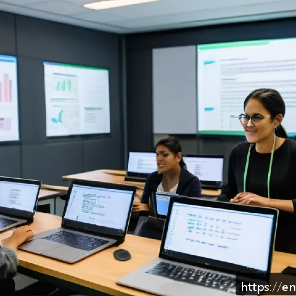 코딩교육지도사와 시험 준비 전략 - A modern classroom setting featuring a diverse group of adult learners engaged in a coding workshop....