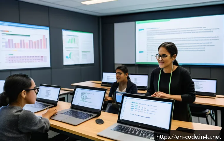 코딩교육지도사와 시험 준비 전략 - A modern classroom setting featuring a diverse group of adult learners engaged in a coding workshop....