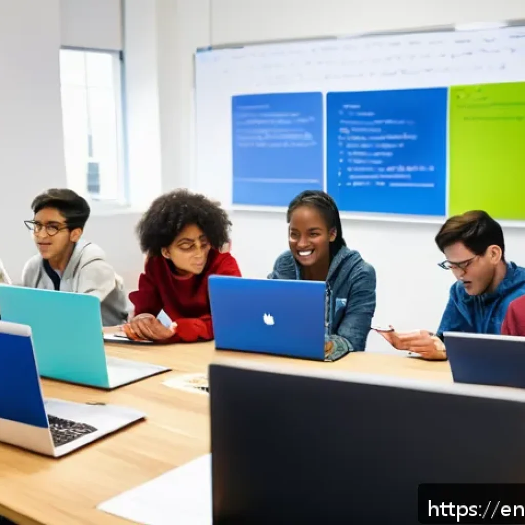 코딩교육지도사와 프로젝트 수업 준비법 - A diverse group of young adult students engaged in pair programming inside a modern classroom, colla...