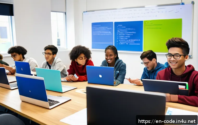 코딩교육지도사와 프로젝트 수업 준비법 - A diverse group of young adult students engaged in pair programming inside a modern classroom, colla...