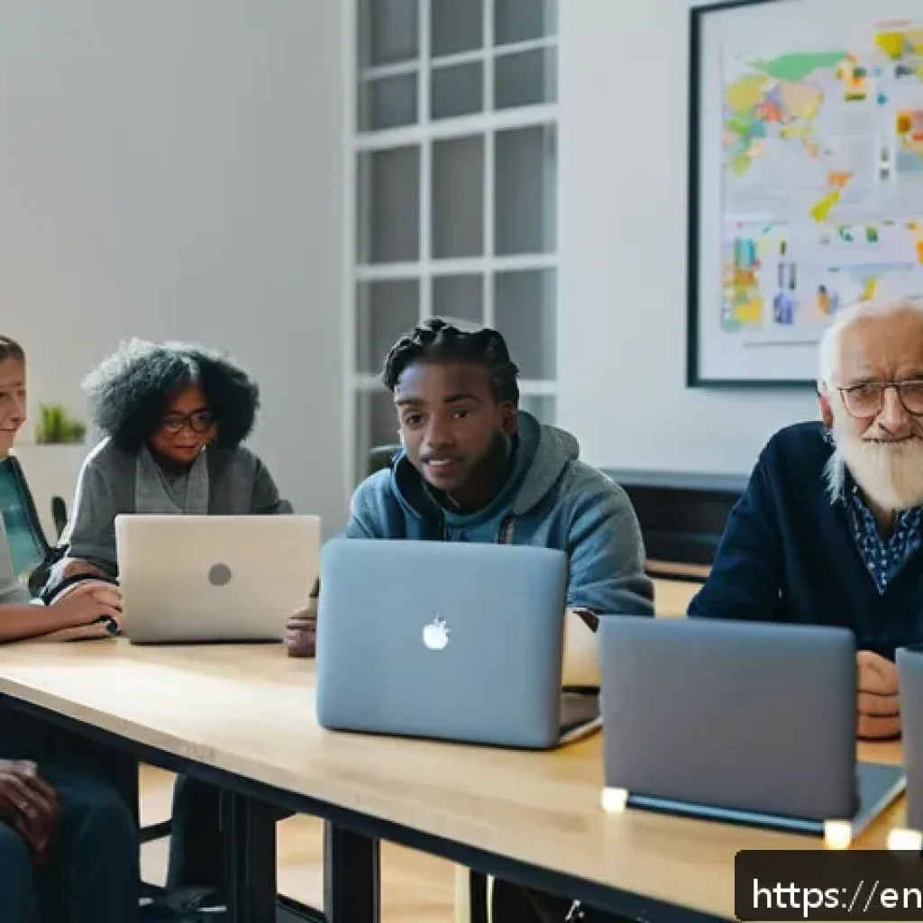 코딩교육지도사와 소프트웨어 교육의 필요성 - A diverse group of young adults and seniors participating in a modern coding workshop in a bright, o...