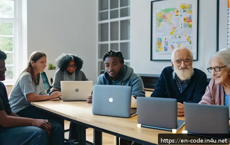 코딩교육지도사와 소프트웨어 교육의 필요성 - A diverse group of young adults and seniors participating in a modern coding workshop in a bright, o...