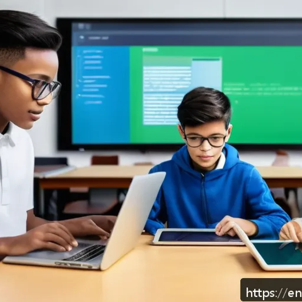 코딩교육지도사 취업 시 필요한 자격증 목록 - A modern coding classroom scene showing a diverse group of young students, aged 10-14, engaged with ...
