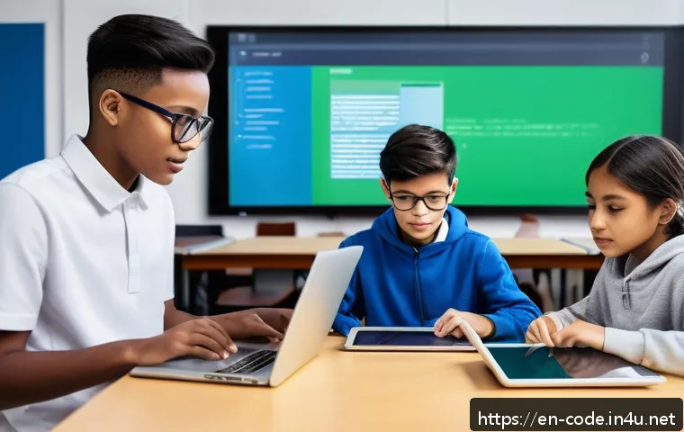 코딩교육지도사 취업 시 필요한 자격증 목록 - A modern coding classroom scene showing a diverse group of young students, aged 10-14, engaged with ...