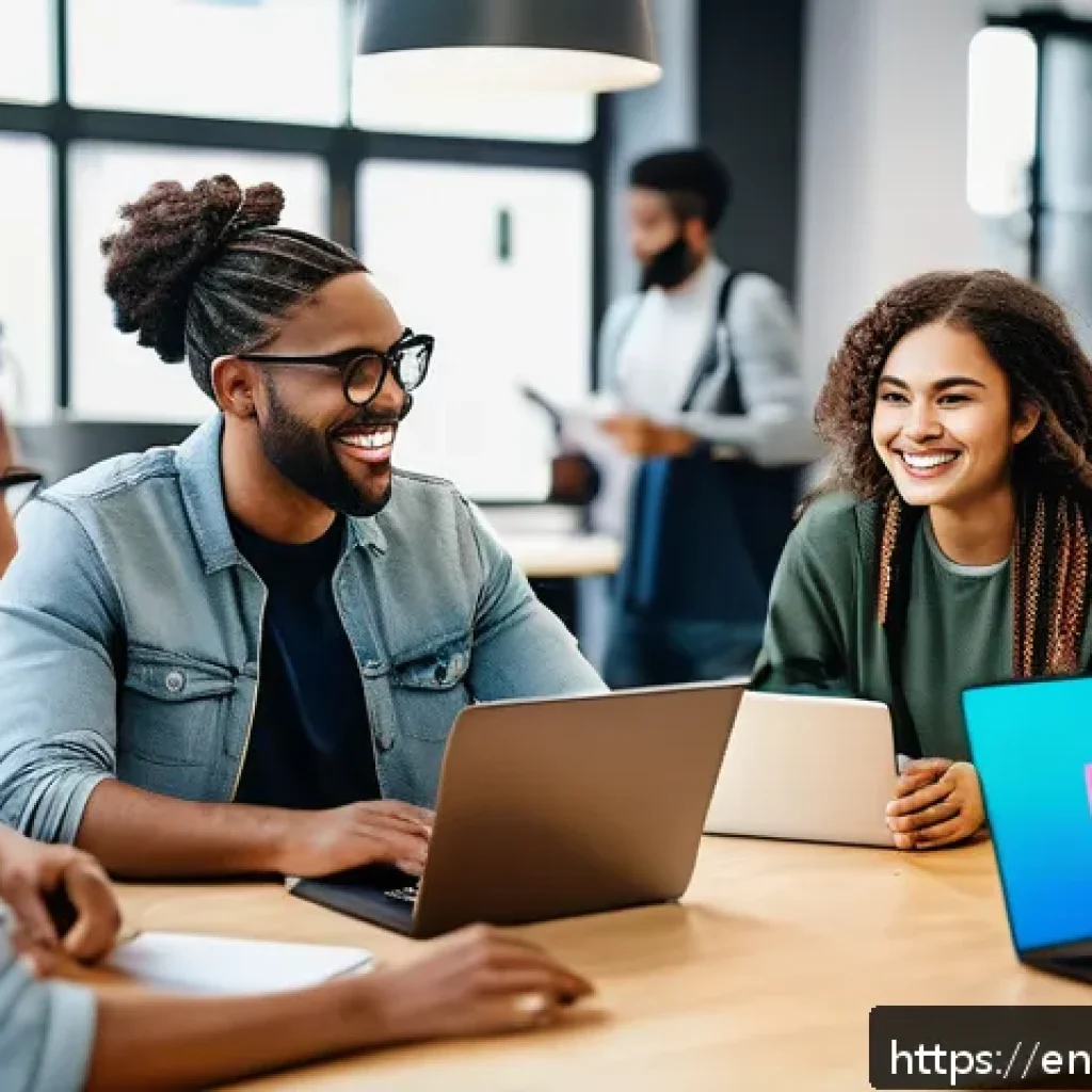 코딩교육지도사로서 멘토링 프로그램 운영 - A diverse group of young adults collaborating around a large table in a modern co-working space, eng...