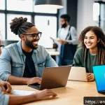 코딩교육지도사로서 멘토링 프로그램 운영 - A diverse group of young adults collaborating around a large table in a modern co-working space, eng...