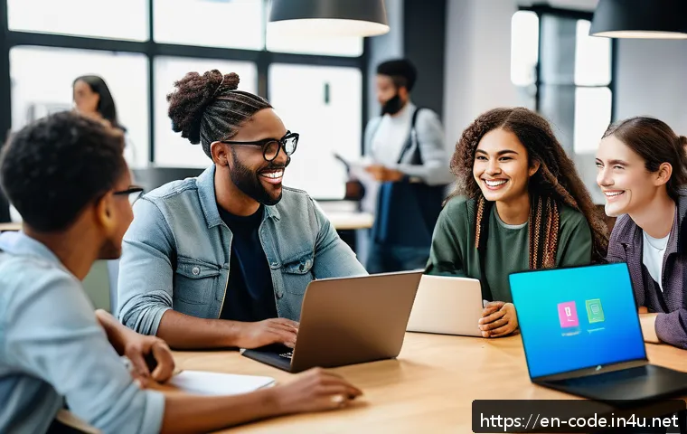 코딩교육지도사로서 멘토링 프로그램 운영 - A diverse group of young adults collaborating around a large table in a modern co-working space, eng...