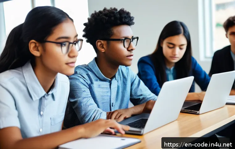 코딩교육지도사 직무에서의 문제 해결 사례 - A modern classroom scene featuring diverse young adult students engaged in pair programming on lapto...
