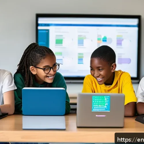 코딩교육지도사와 학습 자료 활용 사례 - A bright, modern classroom scene showing diverse middle school students collaborating on a coding pr...