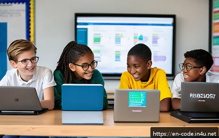 코딩교육지도사와 학습 자료 활용 사례 - A bright, modern classroom scene showing diverse middle school students collaborating on a coding pr...
