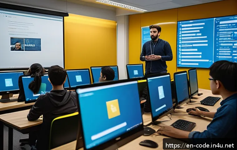 코딩교육지도사 자격증 취득 시 유리한 학력 - A modern classroom scene showing a diverse group of adult students attentively learning coding from ...