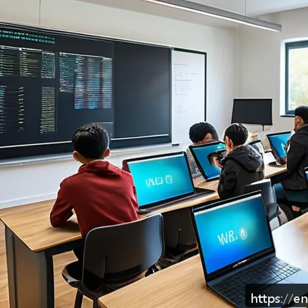 코딩교육지도사와 시험 준비 모범 사례 - A modern classroom scene featuring a diverse group of students engaged in a blended learning environ...