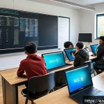 코딩교육지도사와 시험 준비 모범 사례 - A modern classroom scene featuring a diverse group of students engaged in a blended learning environ...