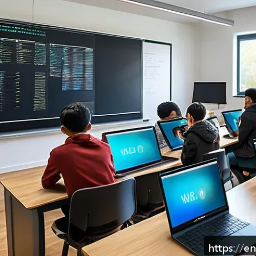 코딩교육지도사와 시험 준비 모범 사례 - A modern classroom scene featuring a diverse group of students engaged in a blended learning environ...