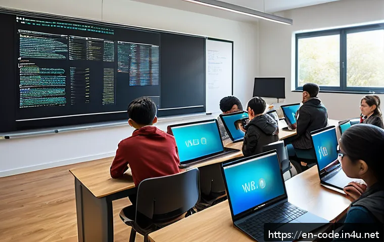 코딩교육지도사와 시험 준비 모범 사례 - A modern classroom scene featuring a diverse group of students engaged in a blended learning environ...