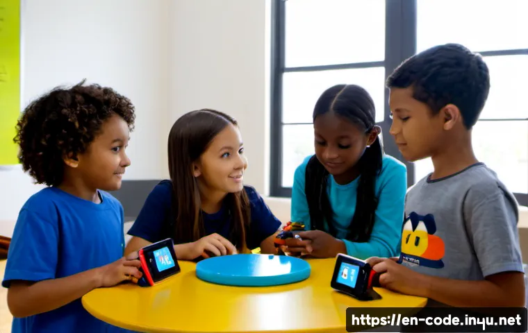 Home 17 코딩교육지도사와 미래 교육 기술 - Photorealistic modern elementary classroom in the United States, a coding education instructor guidi...