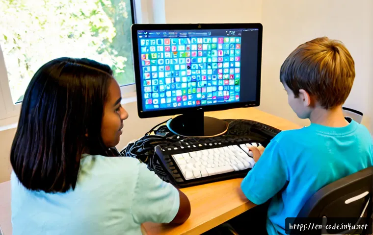 코딩교육지도사와 학습 환경 구축 사례 - Photorealistic bright community learning center, a friendly coding education instructor guiding two ...