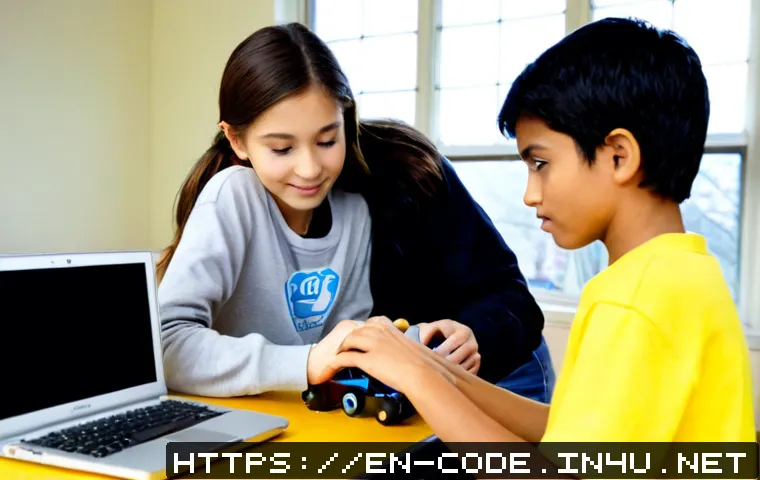 코딩교육지도사와 학생 간 협업 사례 - Photorealistic classroom collaboration scene, a friendly coding education instructor guiding two mid...